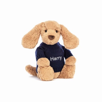 Jellycat Bashful Toffee Puppy with Navy Jumper Australia | 197680MPL